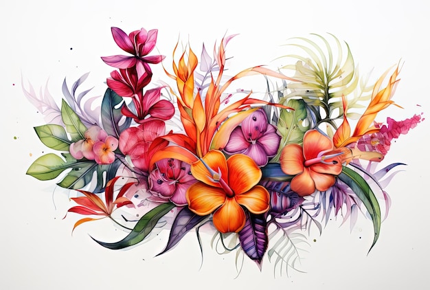 acuarela pintura tropical dibujada a mano sobre fondo blanco en el estilo de flora borsi