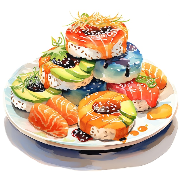 Foto acuarela de un plato vibrante de donas de sushi, un moderno fus, belleza, pintura, arte, comida, cocina