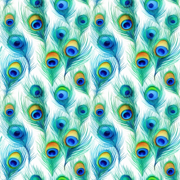 Acuarela de plumas de pavo real patrón sin costuras acuarela plumaje acuarela azulejos de plumas exóticas