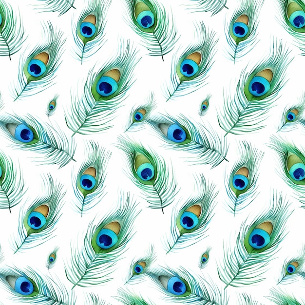 Acuarela de plumas de pavo real patrón sin costuras acuarela plumaje acuarela azulejos de plumas exóticas