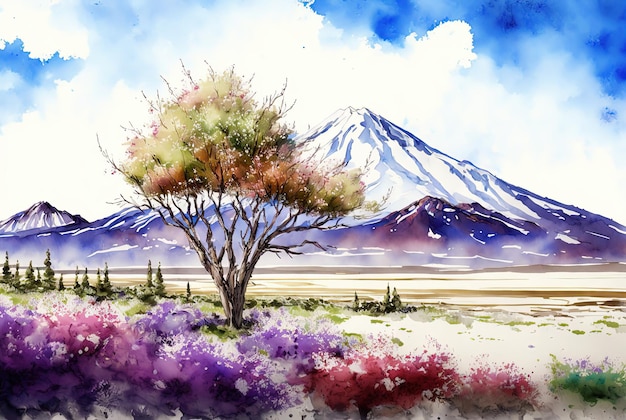 Acuarela primavera paisaje pintura árboles florecen prado y montañas