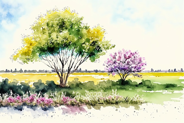 Acuarela primavera paisaje pintura árboles flores y pradera
