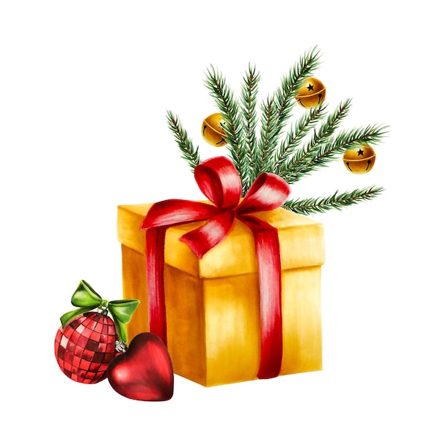 Acuarela regalo de Navidad y bolas brillantes rama de pino cedro abeto conos bayas campanas doradas y juguetes