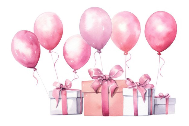 Foto acuarela rosa globos y cajas de regalo fondo blanco aislado