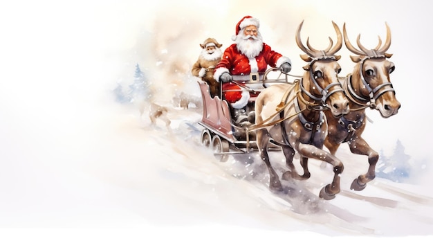 una acuarela de Santa Claus montado en un trineo