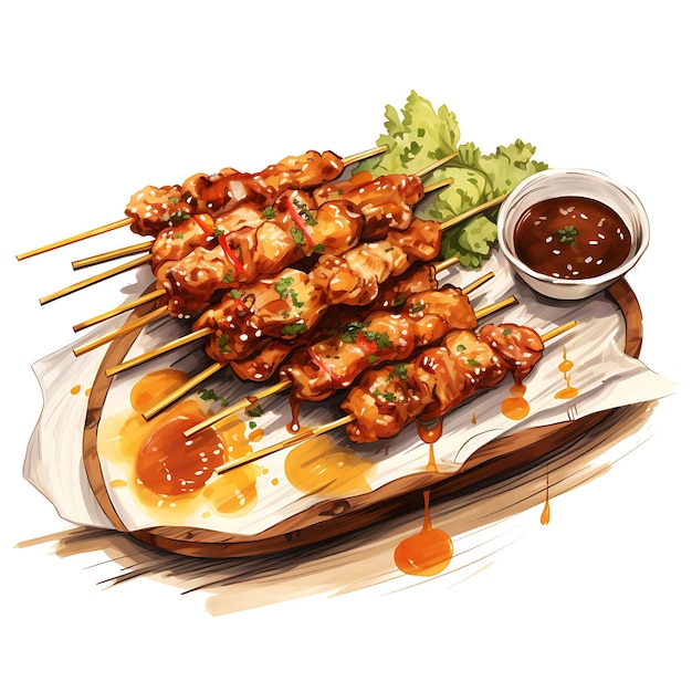 Acuarela de Satay, una comida callejera popular en Asia que muestra belleza, pintura, arte, comida, cocina