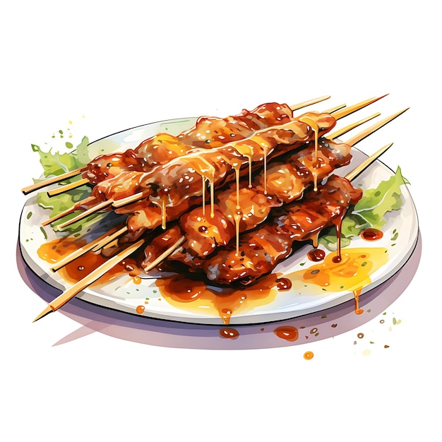 Acuarela de Satay, una comida callejera popular en Asia que muestra belleza, pintura, arte, comida, cocina