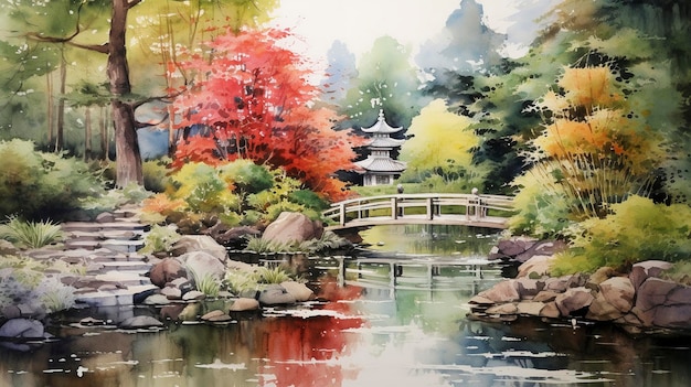 Acuarela Sereno Jardín Japonés