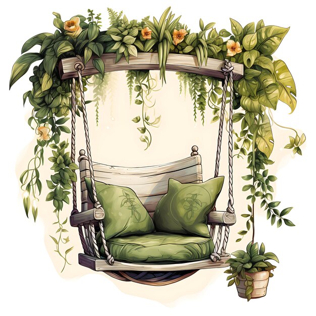 Acuarela de una silla de columpio con plantas colgantes cojines de impresión botánica camiseta aislada de Lea Clipart