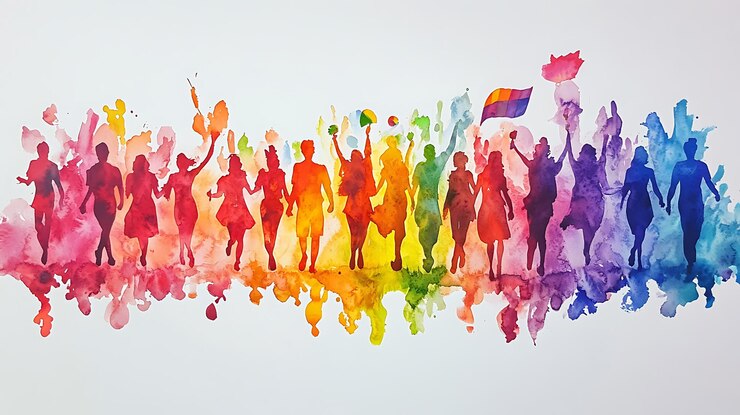 Foto acuarela silueta de un arco iris de un grupo diverso de personas