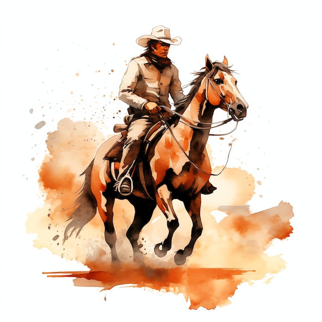 acuarela silueta de vaquero a caballo ilustrado en el desierto del oeste salvaje