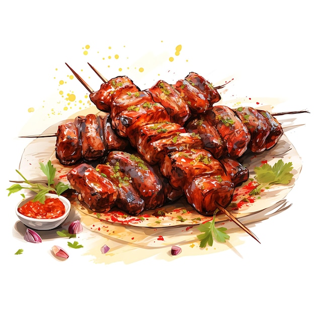 Acuarela de Spicy Suya que muestra las especias ardientes y la tierna pintura de belleza, arte, comida, cocina