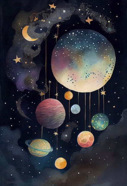Una acuarela surrealista de planetas luna y estrellas al estilo de Georgina Hunt realismo mágico acuarela generat ai