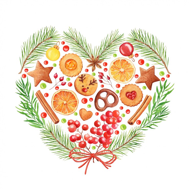 Acuarela tarjeta de navidad. Corazón hecho de dulces, ramas de pino y bayas