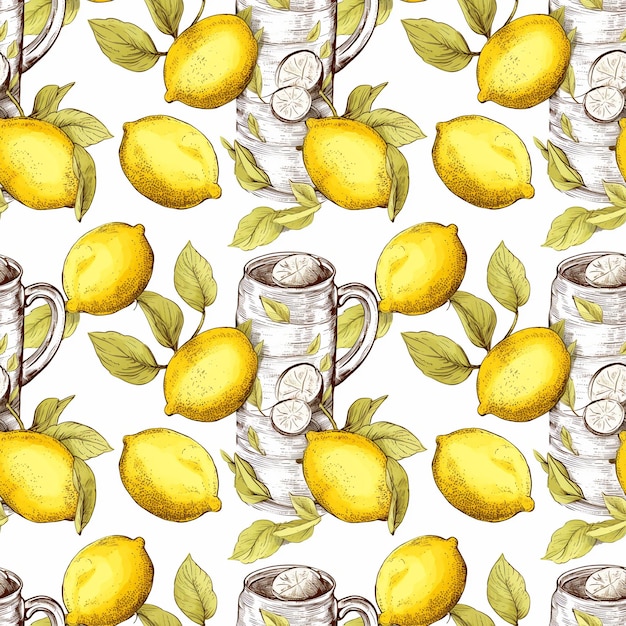 Acuarela té de limón patrón sin costuras acuarela amarillo limón frutas tropicales acuarela cítricos azulejos y flores en fondo blanco acuarela de limón dibujo de IA generativa ilustración