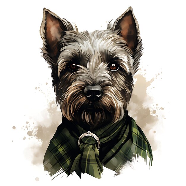 Acuarela de un terrier escocés con un traje de kilt Tam Oshanter verde Asco Patrick Day Clipart