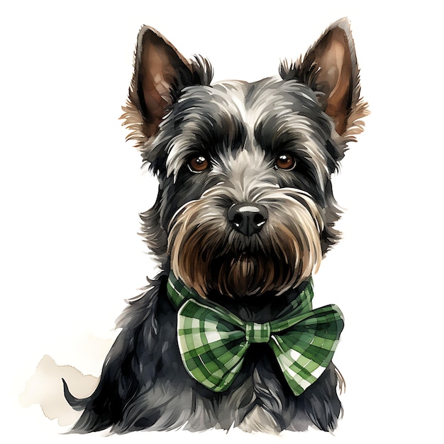 Foto acuarela de un terrier escocés con un traje de kilt tam oshanter verde asco patrick day clipart