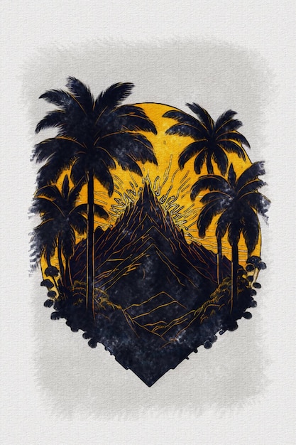 Acuarela textura pintura puesta de sol montaña y palmera ilustración para diseño de camiseta
