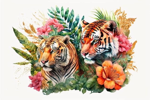 Acuarela de tigres y flores.