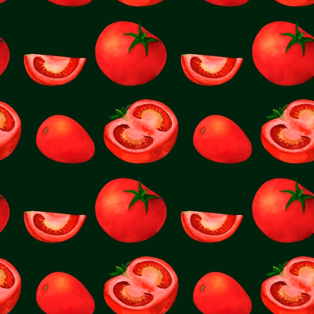 Acuarela de tomate rojo patrón sin costuras sobre fondo verde Para impresiones en textil y papel ropa platos y platos diseño decoración para cocina menús de restaurantes recetas libro de cocina