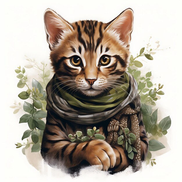 Foto acuarela de toyger con una franja de tigre bandana vestido de la selva garra verde patrick day clipart