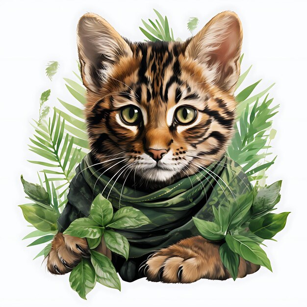 Foto acuarela de toyger con una franja de tigre bandana vestido de la selva garra verde patrick day clipart