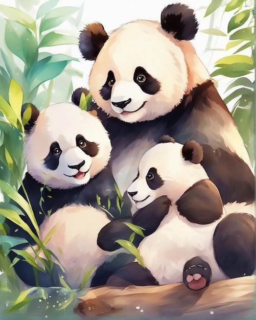 acuarela tres pandas en hojas verdes