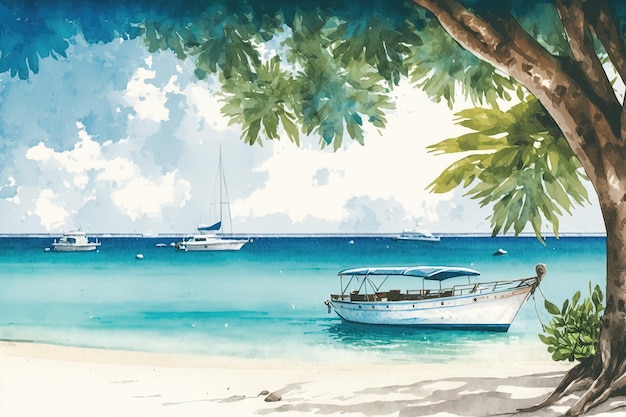 Acuarela tropical mar paisaje pintura Maldivas playa ilustración Ai generado