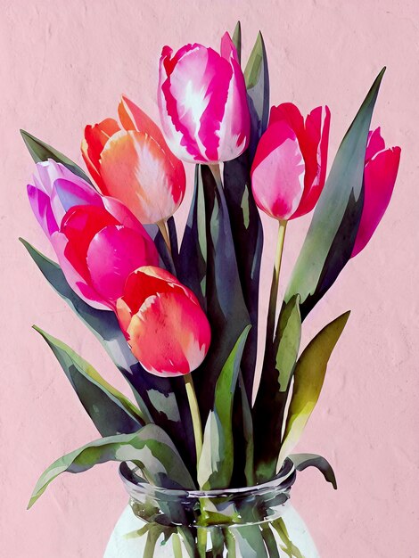 Acuarela Tulipanes Pintura Tulip Flor Ilustración Reproducción JPG