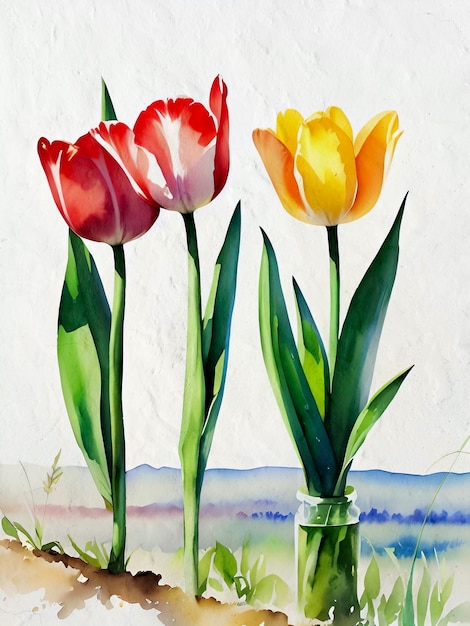 Acuarela Tulipanes Pintura Tulip Flor Ilustración Reproducción JPG