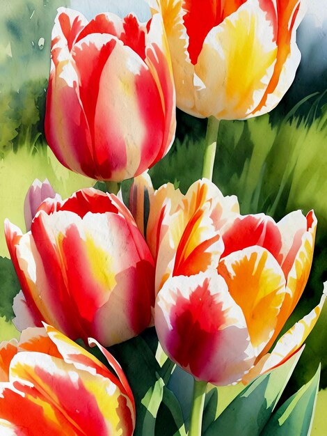 Acuarela Tulipanes Pintura Tulip Flor Ilustración Reproducción JPG