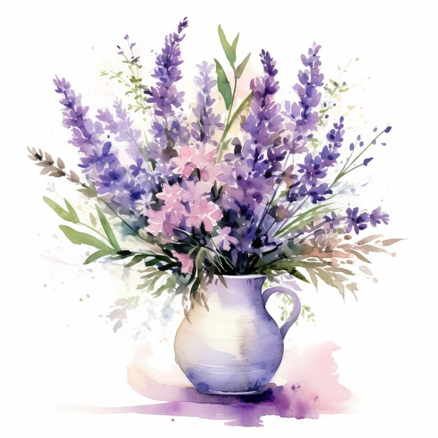 Acuarela Vaso hecho a mano con flores de lavanda Arreglos delicados y coloridos
