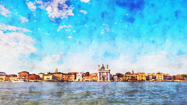 Acuarela veneciana Hermosa vista de Venecia Giudecca xA isla Giudecca Canal Venecia Italia dibujo