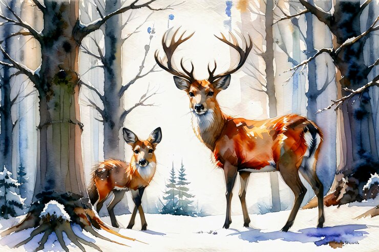 acuarela de Vida Silvestre de Invierno Una escena de vida silvestre de invierno como en un entorno de bosque nevado