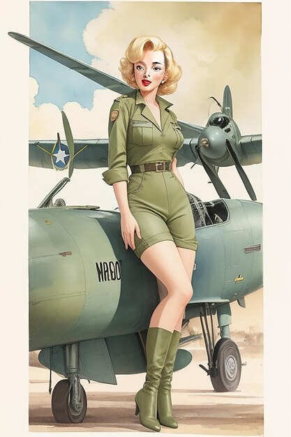 Foto acuarela vintage de una hermosa mujer frente a un avión de guerra imagen de cuerpo completo de una mujer
