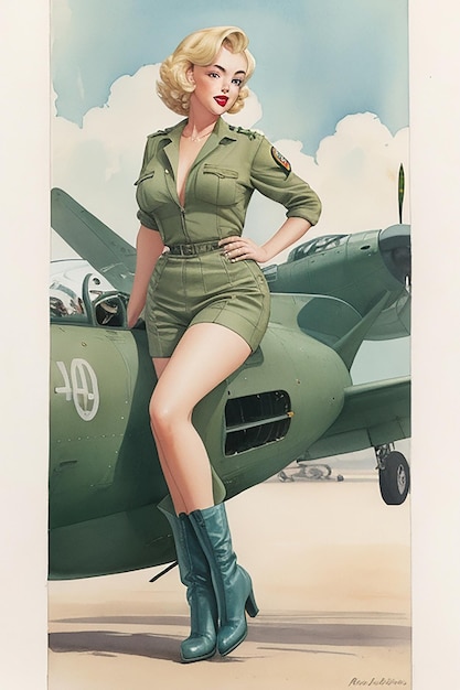 Foto acuarela vintage de una hermosa mujer frente a un avión de guerra imagen de cuerpo completo de una mujer