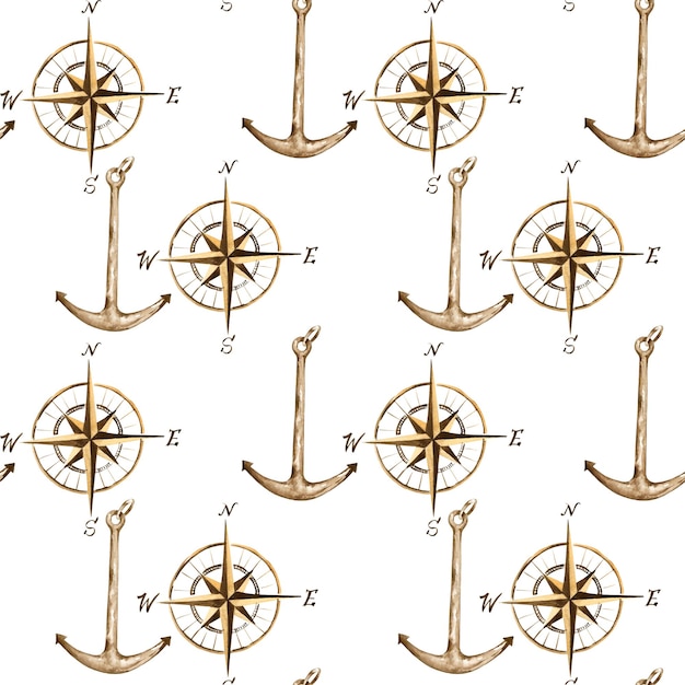 acuarela vintage marrón texturizado ancla de barco navegación viento rosa direcciones cardinales dibujado a mano dibujo sin costuras dibujo de patrón ilustración marina para decoración de tema de navegación