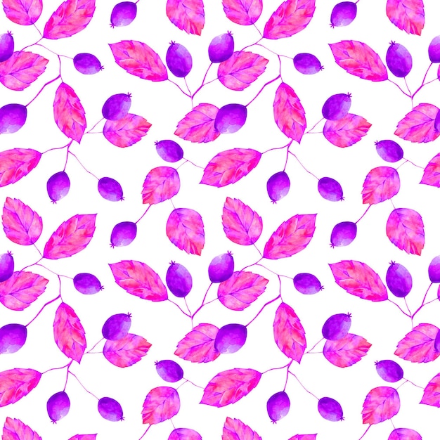 Acuarela violeta rosa hojas y bayas de patrones sin fisuras Impresión botánica sobre fondo blanco