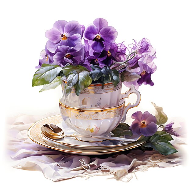 Foto acuarela de violetas africanas royal purple día de las madres brunch planta de taza de té en blanco bg clipsart