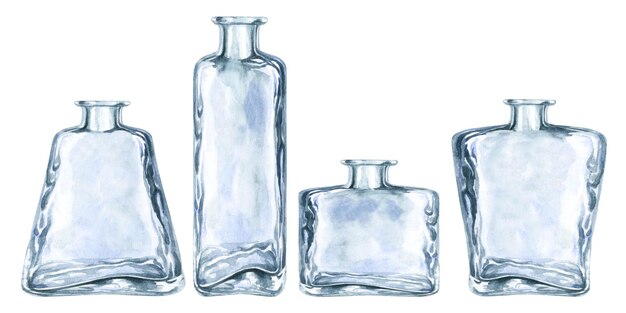 Acuarelas botellas vintage de vidrio vacías para perfumes y elixires en juegos de fantasía en la alquimia