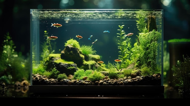 Acuario de agua dulce plantado con una variedad de peces y vegetación exuberante