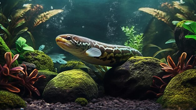 Acuario de anguilas con plantas y piedras