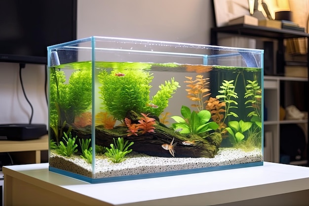 Acuario con banco de peces y plantas submarinas en el interior del salón