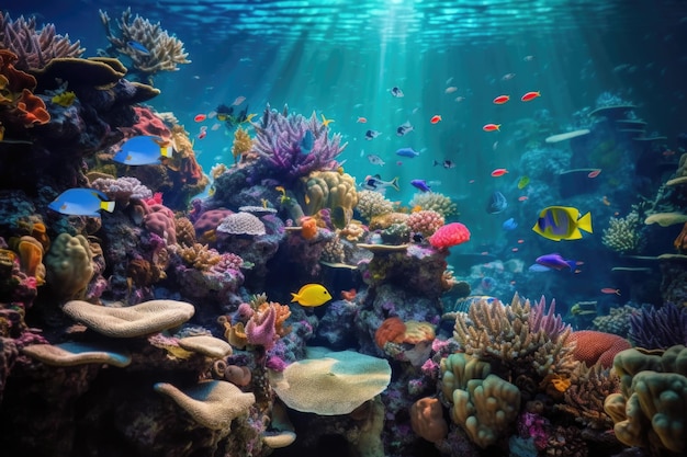 Acuario con coloridos peces tropicales que nadan por encima del arrecife de coral creado con IA generativa