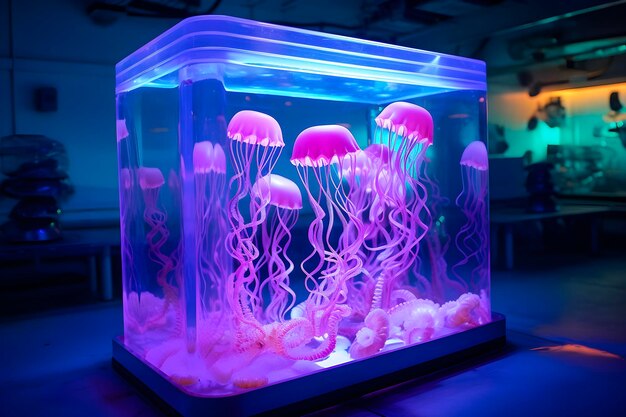 Acuario elegante con medusas en la oficina generada por la IA