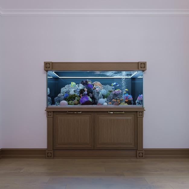 Acuario empotrado con un mueble debajo de él en un estilo clásico en un marco de madera. Representación 3D.