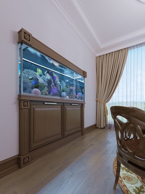 Acuario empotrado con un mueble debajo de él en un estilo clásico en un marco de madera. Representación 3D.