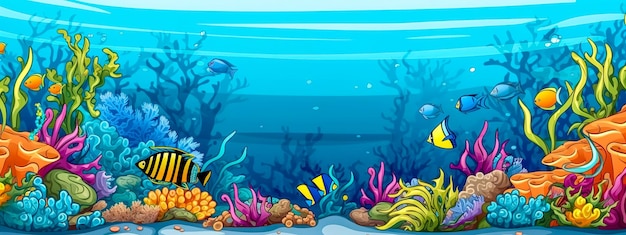 Acuario exótico colorido mundo submarino con pancarta de peces y plantas con espacio de copia hecho con IA generativa