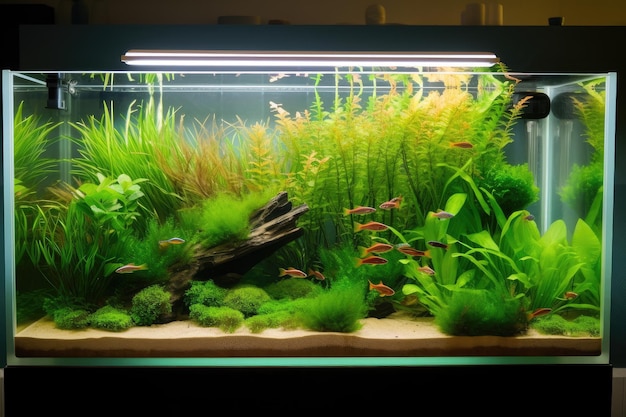 Acuario lleno de una variedad de plantas acuáticas y pastos marinos creados con IA generativa