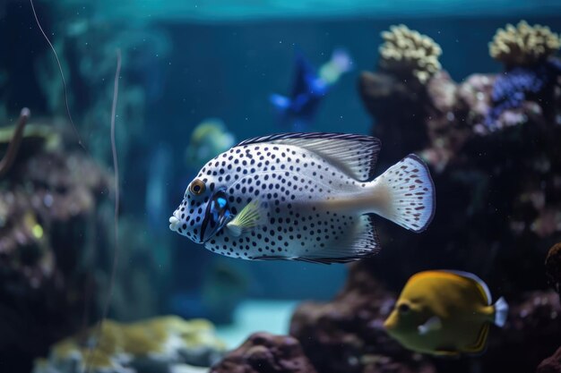 Acuario con peces exóticos nadando entre arrecifes de coral creados con ai generativa